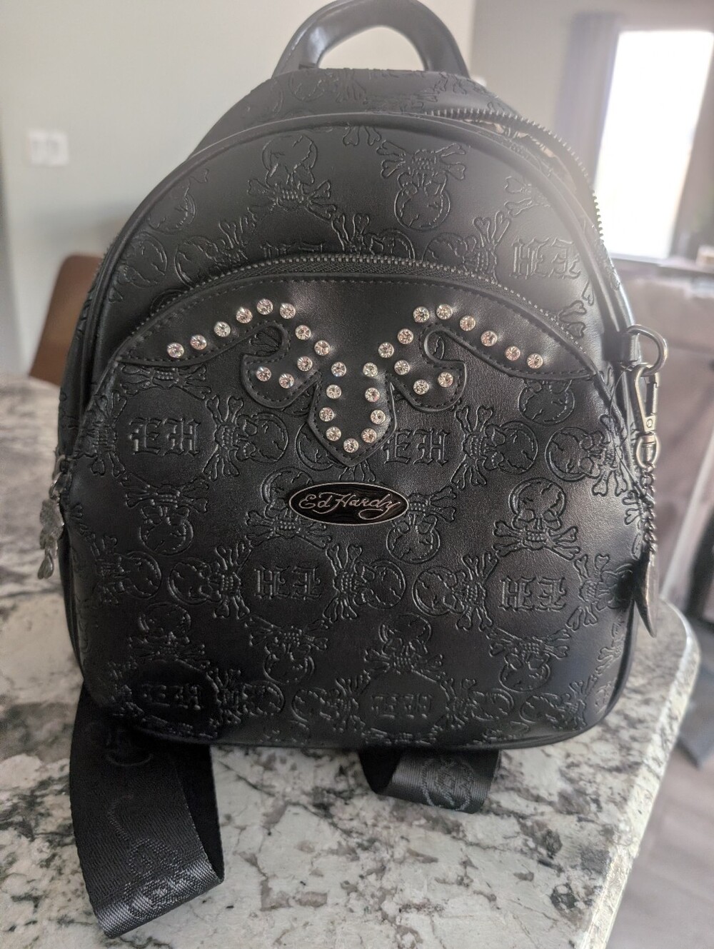 NWT Ed Hardy Black Embossed Mini Backpack with Rhinestone Detail